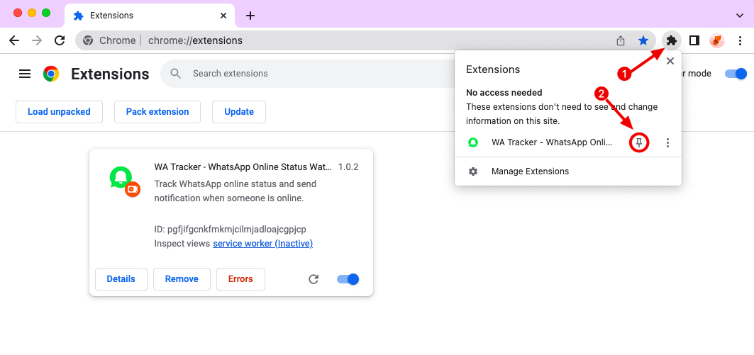 WA Tracker chrome extension install pin