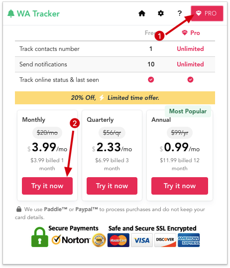 WA Tracker chrome extension subscribe pro